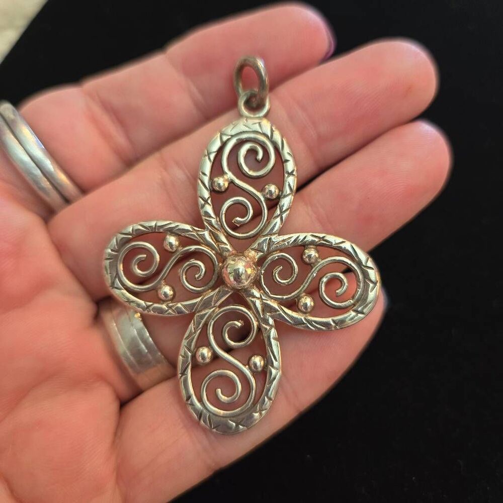 Vintage Sterling Silver 925 Scroll Design Cross Pendant - Picture 2 of 6